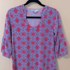 Escapada Living Josh Tunic Mini Dress Turquoise and Pink Ruffle Sleeves Size M